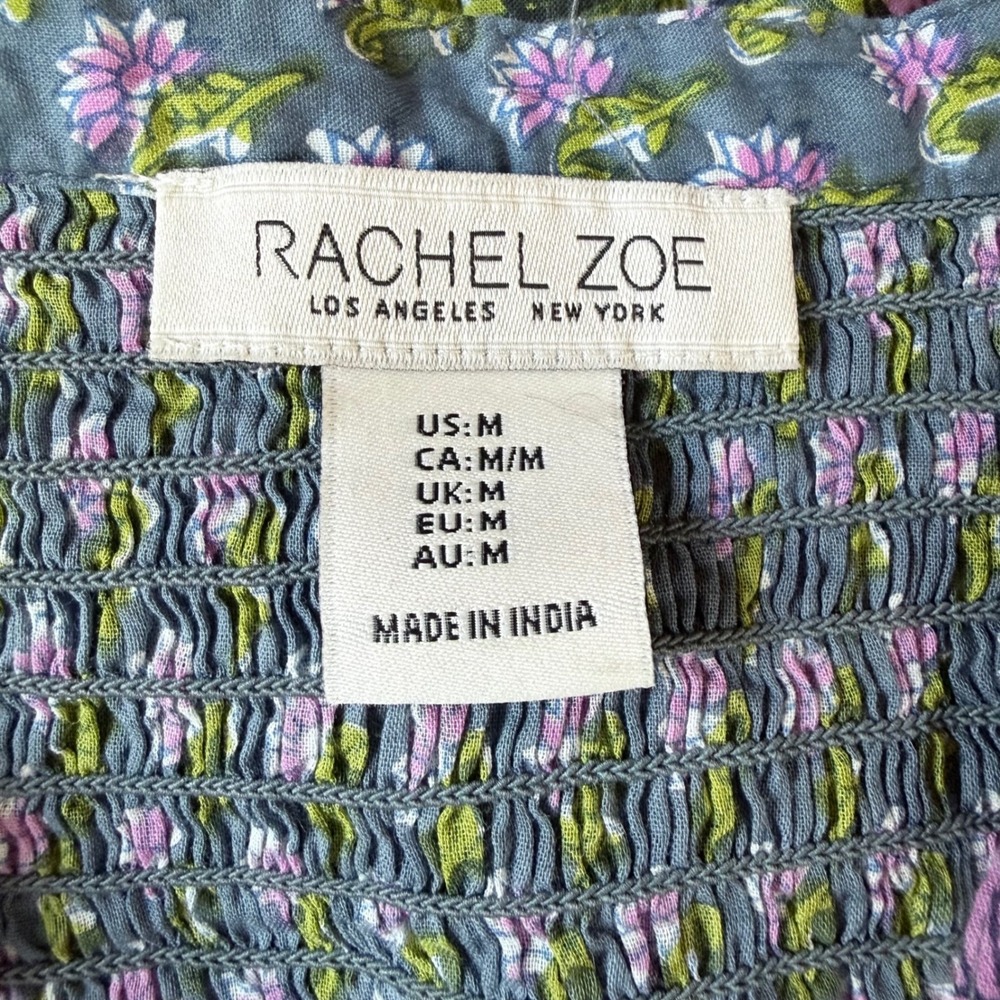 Rachel Zoe Floral 100% Cotton Smocked Blouse Blue Purple Boho Tassel Top Size M - Picture 8 of 9